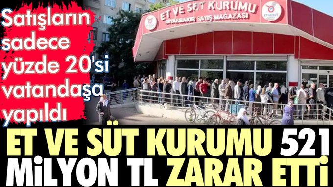 Et ve Süt Kurumu 521 milyon TL zarar etti.