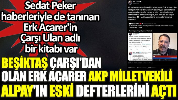 Sedat Peker haberleriyle tanınan Beşiktaş Çarşı’dan Erk Acarer, kendisini hedef alan AKP Milletvekili Alpay Özalan’ın eski defterlerini açtı