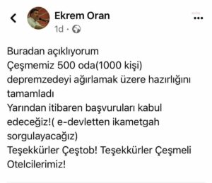 Çeşme’de Oteller Depremzedelere Açıldı. Ekrem Oran;