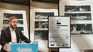 Seçim afişlerine sticker yapıştıran TÜGVA başkanı hızını alamadı