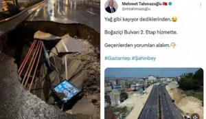 Başkanın ‘Yağ gibi kayıyor’ dediği 25 milyon TL’lik yol ilk yağmurda çöktü