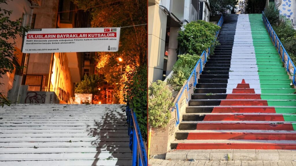 Cihangir merdivenlerindeki Filistin bayrağı kaldırıldı:  “Direnen ulusun bayrağı yerde değil gökte olur”