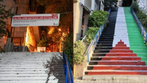 Cihangir merdivenlerindeki Filistin bayrağı kaldırıldı:  “Direnen ulusun bayrağı yerde değil gökte olur”